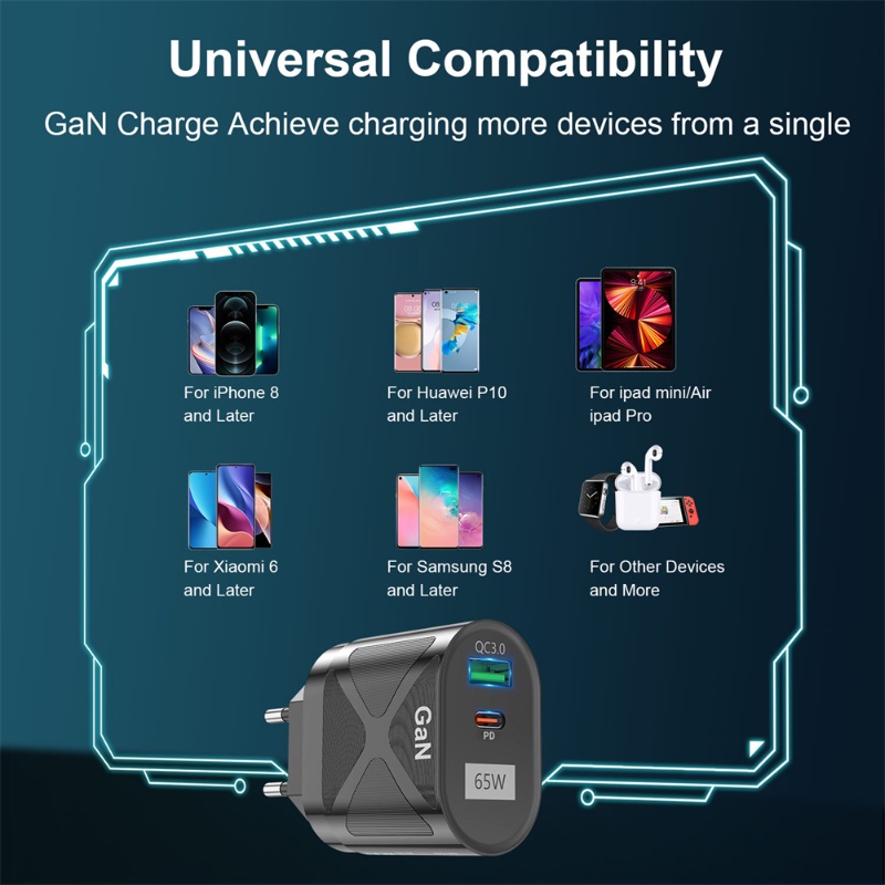 Gan389 65W EU/US Portable PD+QC3.0 USB Adapter/Rumah Perjalanan Kantor ABS Pengisian Cepat Kepala Charger Ponsel