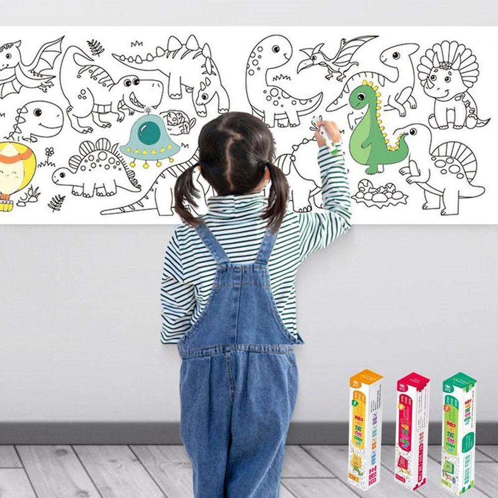 Needway Anak-Anak Menggambar Roll Reusable Lovely Animal World Dinosaurus Coloring Paper Roll Belajar Cognition Stick-on Coloring Graffiti Scroll