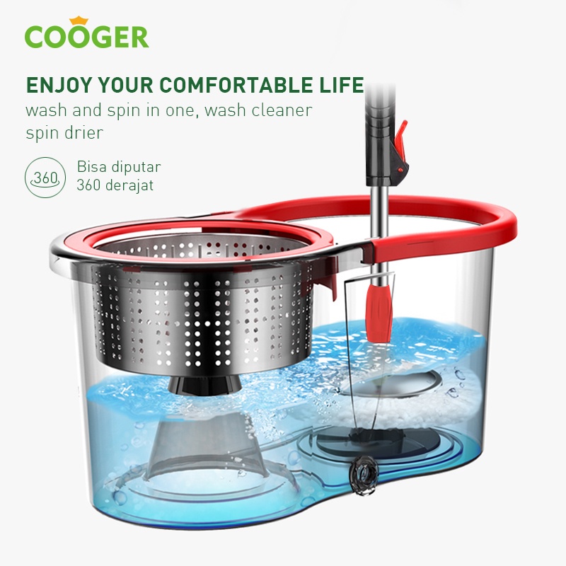 COOGER Spin Mop Alat Pel Lantai Microfiber Dapat Berputar 360 Derajat Otomatis Dengan Bak Wadah Air Pel Dilengkapi Pemerasan