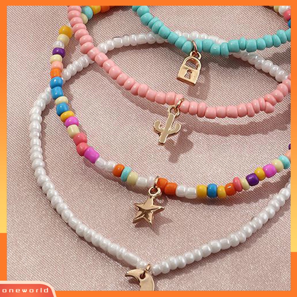 [WOD] 4 Pcs Rantai Kaki Warna Vibrant Indah Liontin Eye-catching Warna-Warni Wanita Manik-Manik Elastis Gelang Kaki Perhiasan Hadiah Ulang Tahun