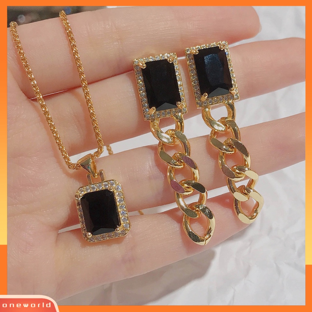 [WOD] Liontin Kalung Vintage Shiny Frame Rantai Style Trendy Perhiasan Drop Earrings Necklace Untuk Pacaran