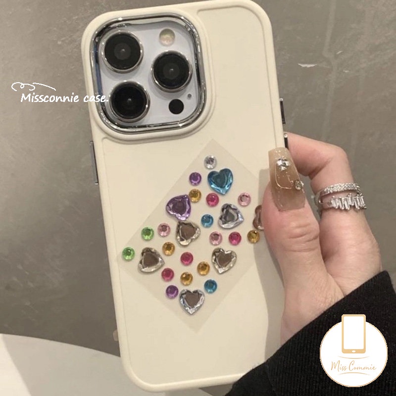 IPHONE Luxury Simple Warna Solid Plating Square Case Kompatibel Untuk Iphone11Xr 7Plus 8Plus 13 14 11 12 Pro MAX X XS MAX Cinta Hati Berlian Warna-Warni Casing Ponsel Dekorasi Stiker Cover