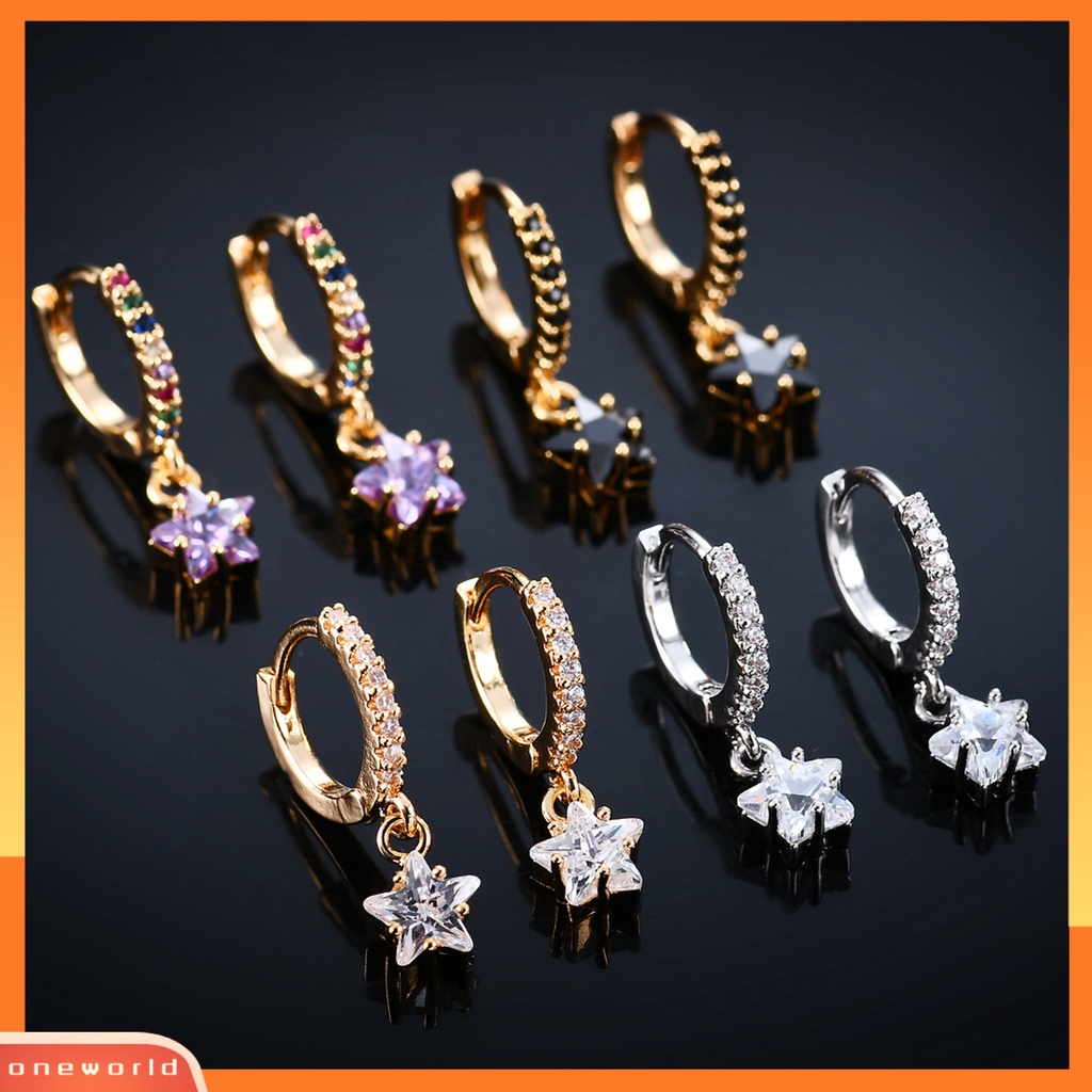 [WOD] 1pasang Anting Wanita Warna-Warni Berkilau Cubic Zirconia Star Pendant Menjuntai Earrings Untuk Pacaran