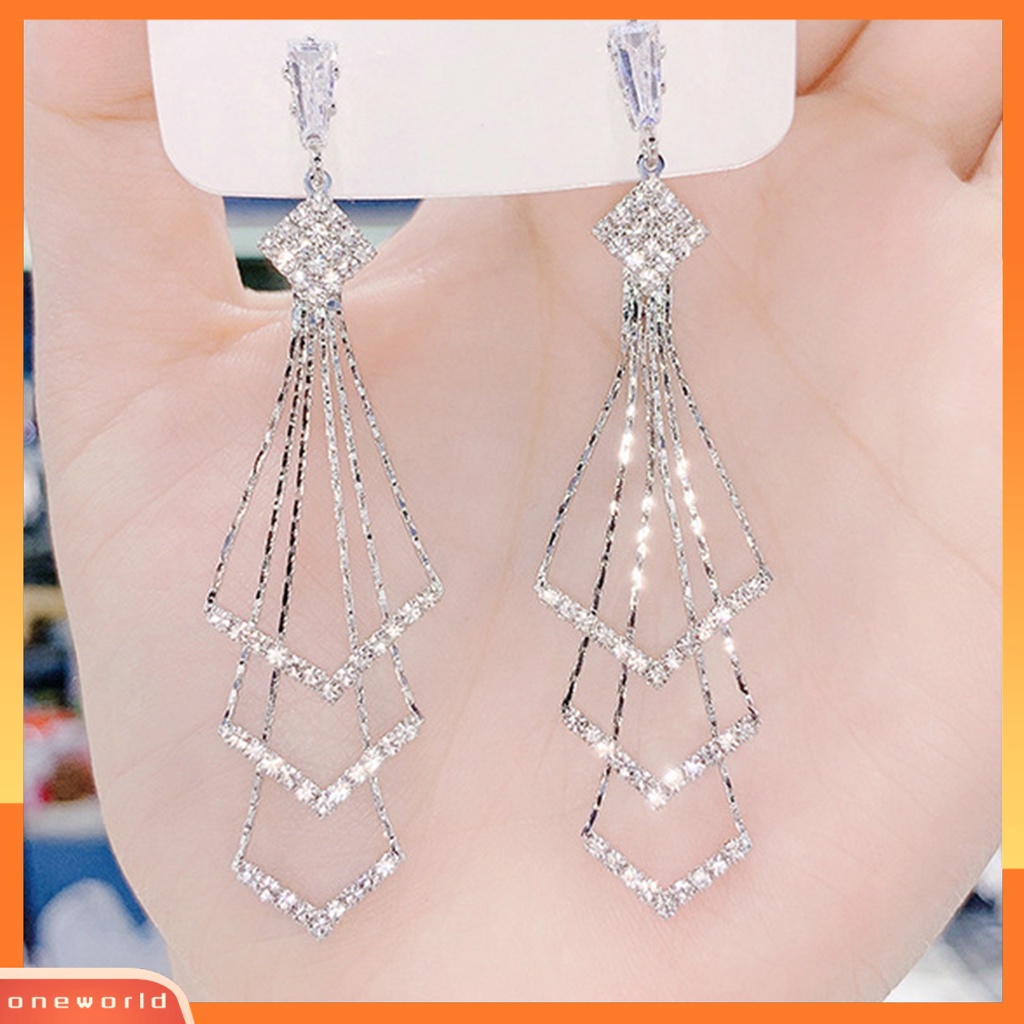 [WOD] Wanita Drop Earrings Tiga Lapis Berlian Imitasi Mengkilap Bentuk Belah Ketupat Anting Gantung Aksesori Perempuan