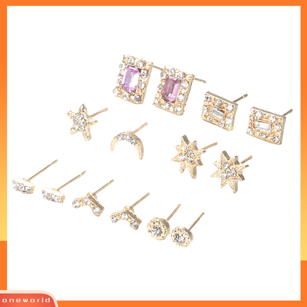 [WOD] 7pasang Matahari Bintang Bulan V-shaped Square Berlian Imitasi Stud Earrings Set Lady Jewelry