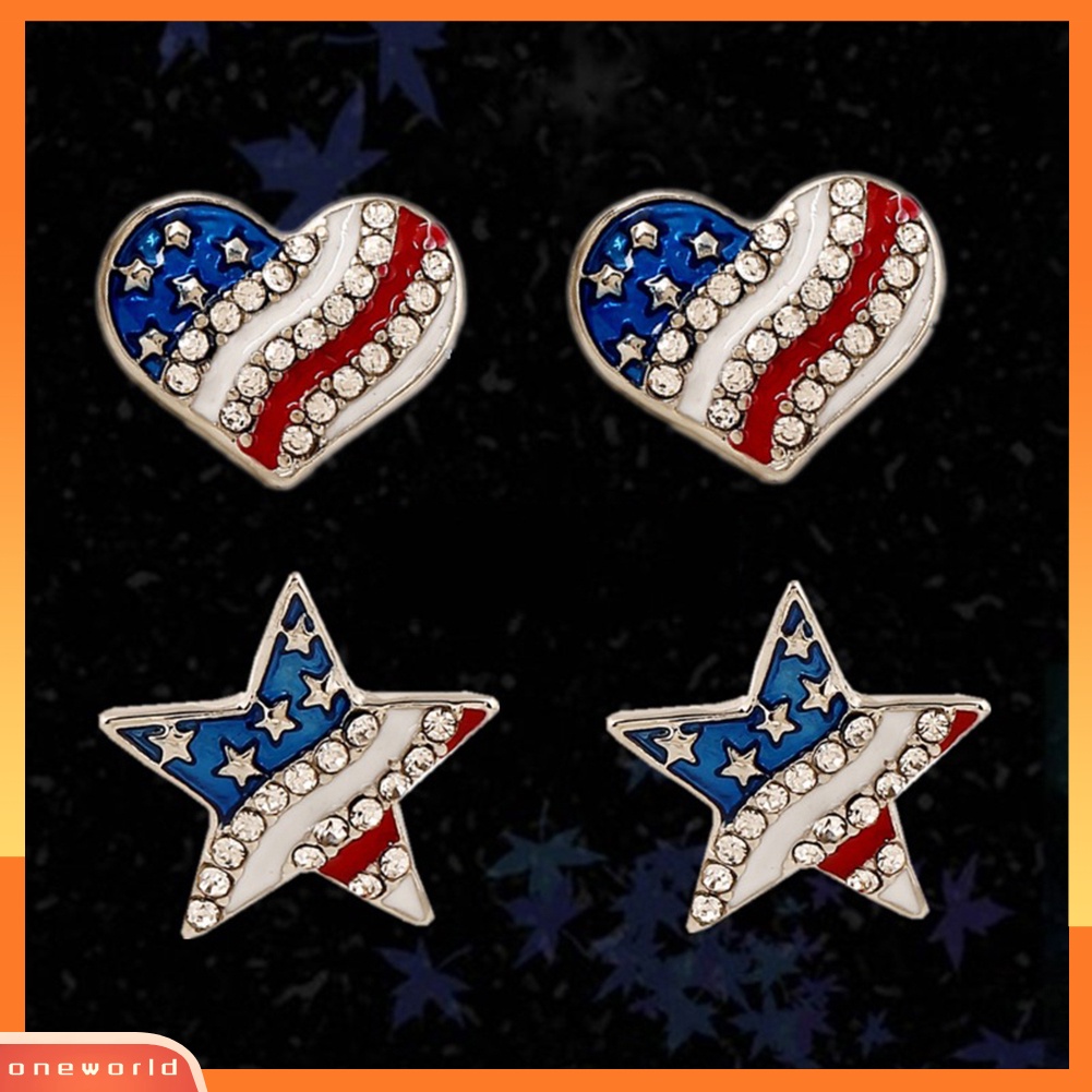 [WOD] Wanita Berlian Imitasi Bintang Cinta Hati Bendera Amerika Ear Studs Piercing Earrings Hadiah