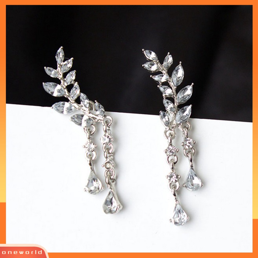 [WOD] Ear Studs Leaf Wanita Elegan Berlian Imitasi Drop Ear Cuff Earrings Untuk Pacaran