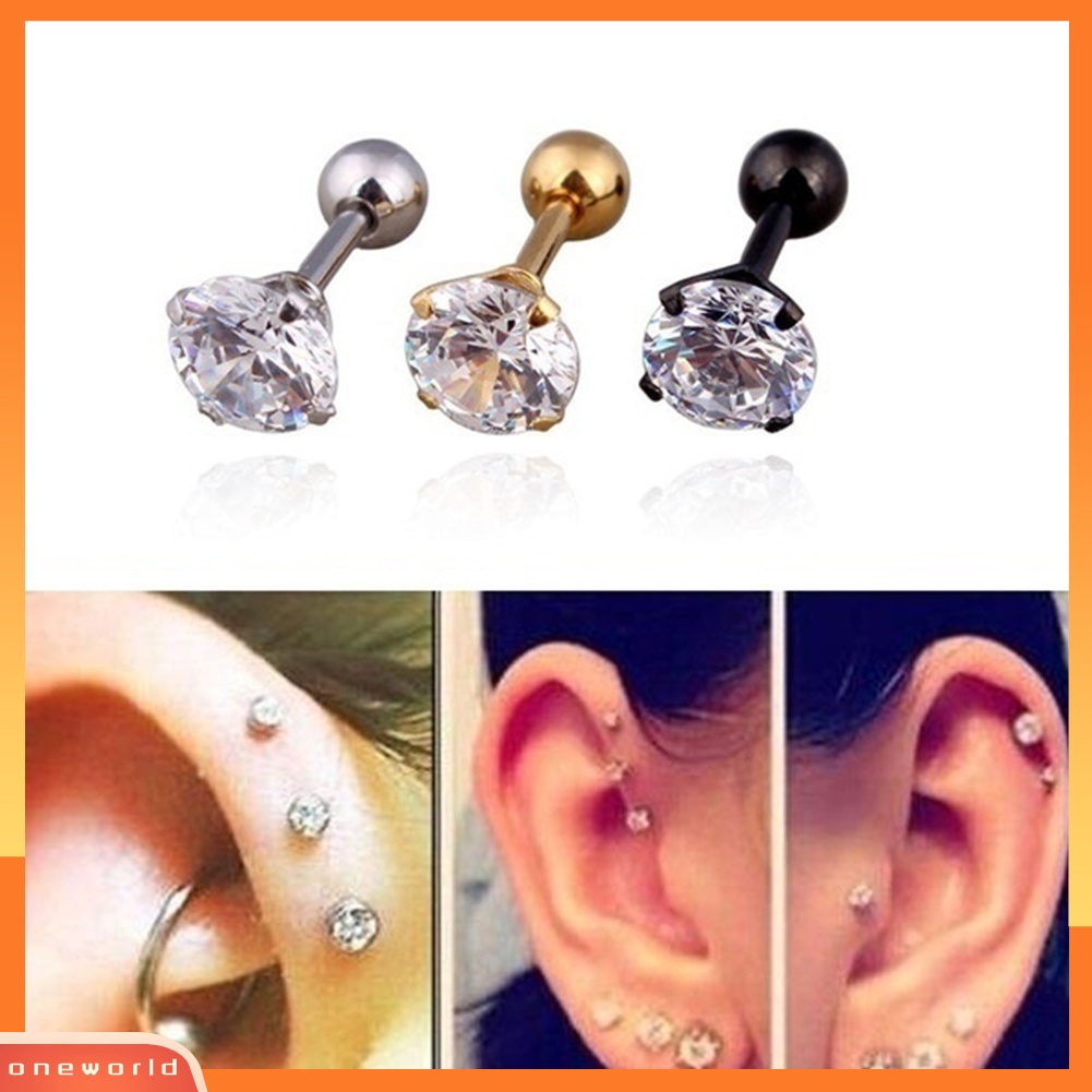 [WOD] 1pc Unisex Cubic Zirconia Hias Titanium Steel Stud Earring Perhiasan Tulang Rawan