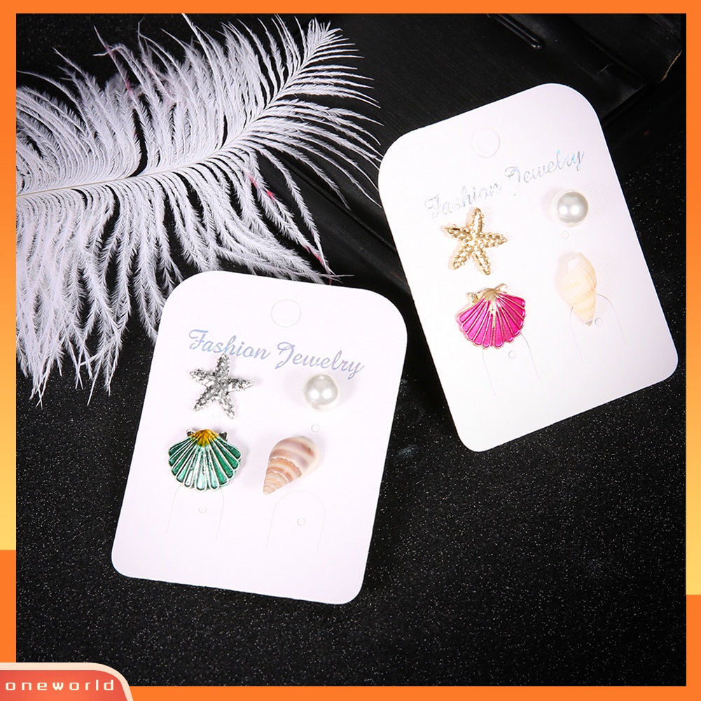 [WOD] 4pcs/set Musim Panas Pantai Bintang Laut Kerang Mutiara Imitasi Wanita Stud Earrings Hadiah