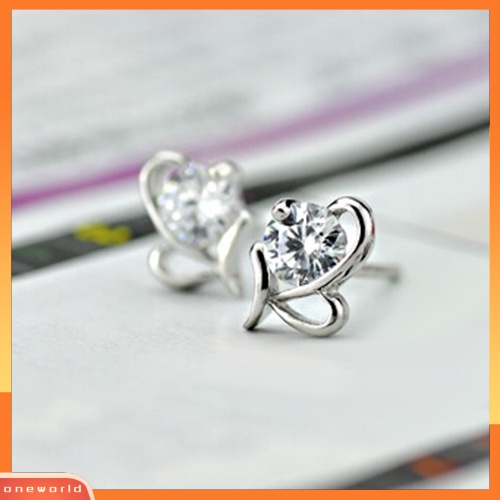 [WOD] Fashion Wanita925 Sterling Perak Hati Bulat Zirkon Telinga Stud Earrings Perhiasan