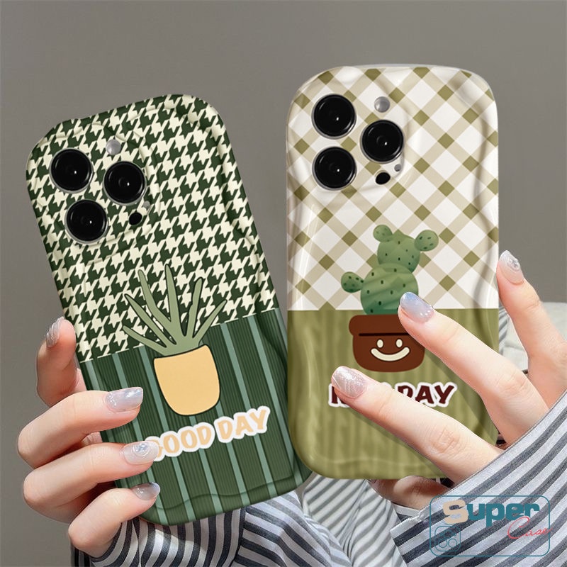 Case Pasangan Kaktus Tanaman Pot Segar Untuk Redmi 9C Nfc10 A1 10C 10A 9A A2 9T 9catatan 10Pro 11s 10s 11 10 Pro Max Plus POCO M3 Pola Kisi Tpu Lembut 3D Bergelombang Penutup Tepi Melengkung