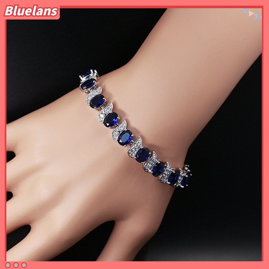 [BLS] Wanita Gelang Daun Pesona Elegan Klasik Adjustable Berlian Imitasi Biru Tertanam Ladies Bracelet Fashion Jewelry