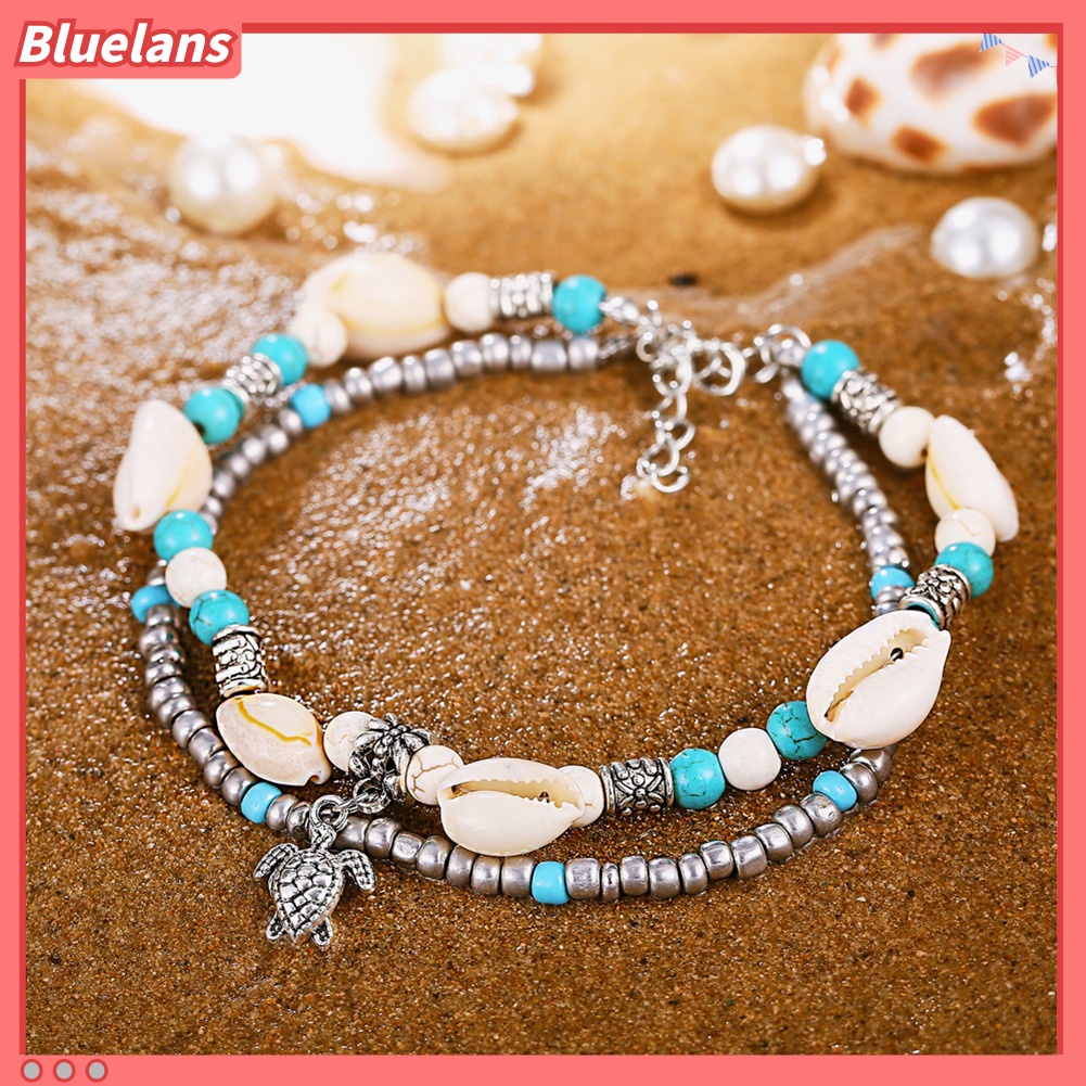 [BLS] Wanita Turtle Charm Faux Turquoise Manik-Manik Lapisan Ganda Gelang Kaki Perhiasan Pantai