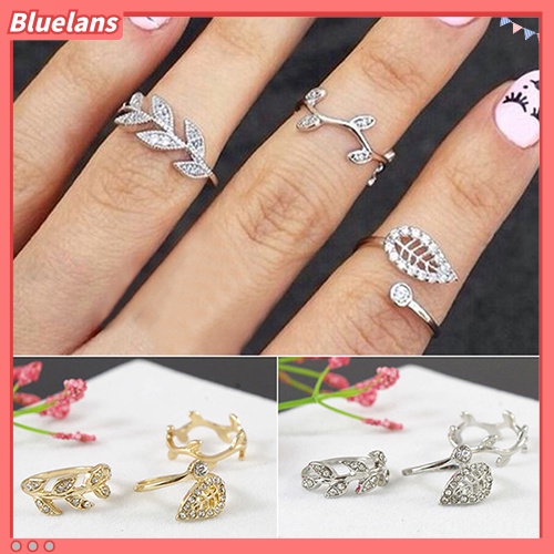 [BLS] 3pcs Fashion Wanita Paduan Emas/ Perak Berlian Imitasi Daun Di Atas Knuckle Finger Ring