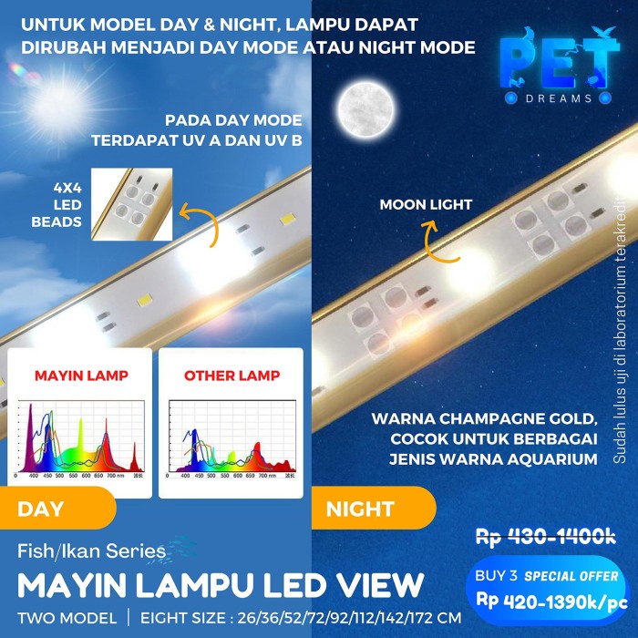 LAMPU MAYIN LED VIEW/ PLUS (DAY &amp; NIGHT) AQUARIUM IKAN ARWANA KOI KOKI