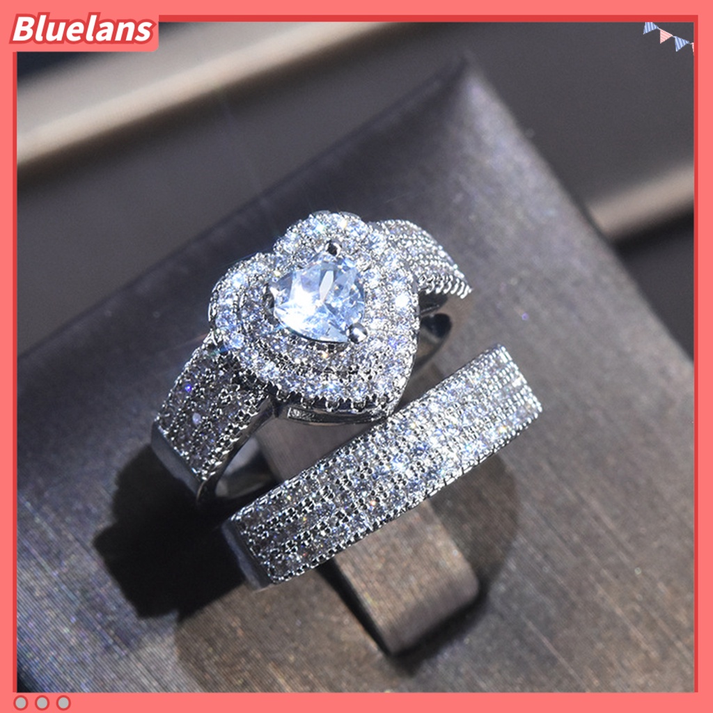 [BLS] 2pcs/set Cincin Pengantin Berlian Imitasi Mengkilap Mewah Geometris Indah Perhiasan Hadiah Menawan Kekasih Bentuk Hati Janji Cincin Perhiasan Aksesori