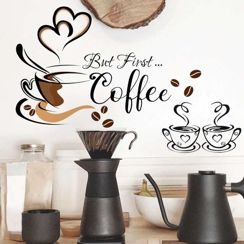 Pola Cangkir Kopi Dinding Decals Kreatif Teks Stiker Dinding Tahan Air PVC Wallpaper Perekat Diri Dinding Seni Kabinet Dekorasi Ruang Tamu Untuk Cafe Coffee Bar Restoran