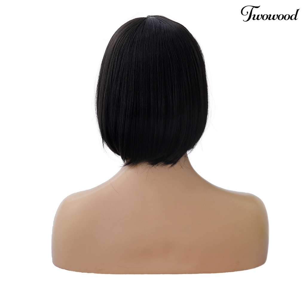 Twowood Wanita Fashion Miring Frisette Pendek Hitam Lurus Pesta Cosplay Rambut Ekstensi Wig