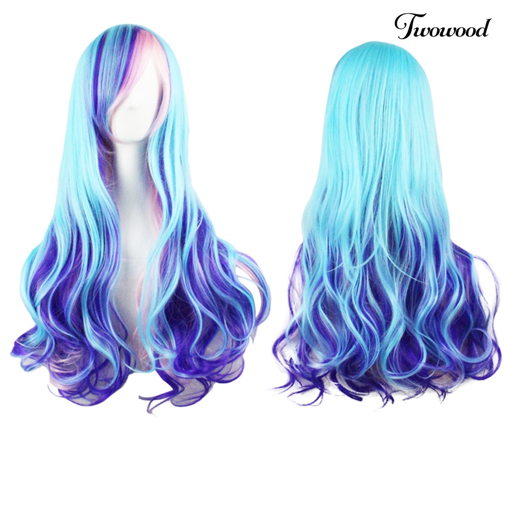 Wig Twowood 70cm Wanita Warna Gradasi Panjang Gelombang Besar Keriting Penuh Untuk Pesta Cosplay Anime