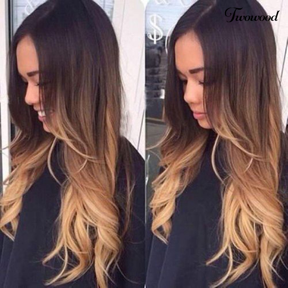 Twowood Gradient Color Alami Panjang Keriting Rambut Sintetis Renda Depan Wanita Wig Sopak