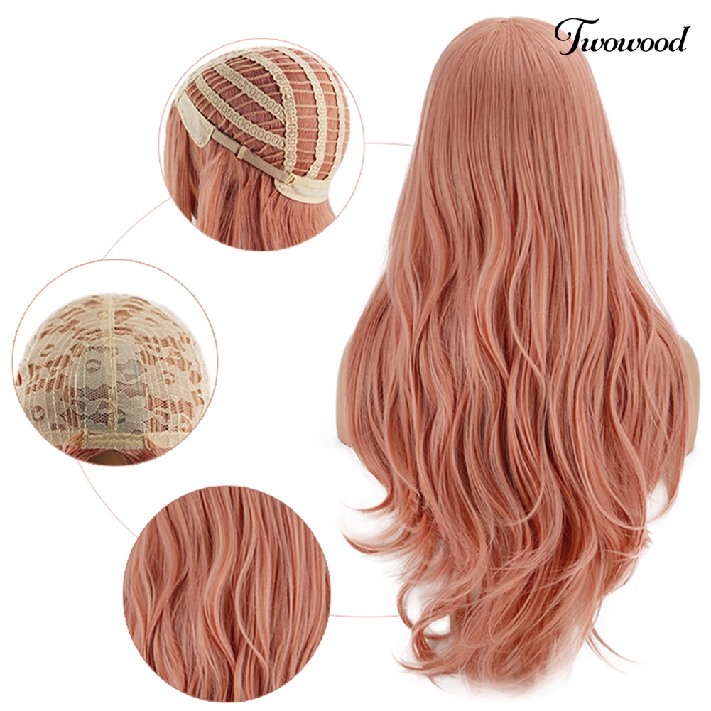 Twowood Wanita Panjang Keriting Rambut Sintetis Rose Net Pink Wig Pesta Ekstensi Sopak