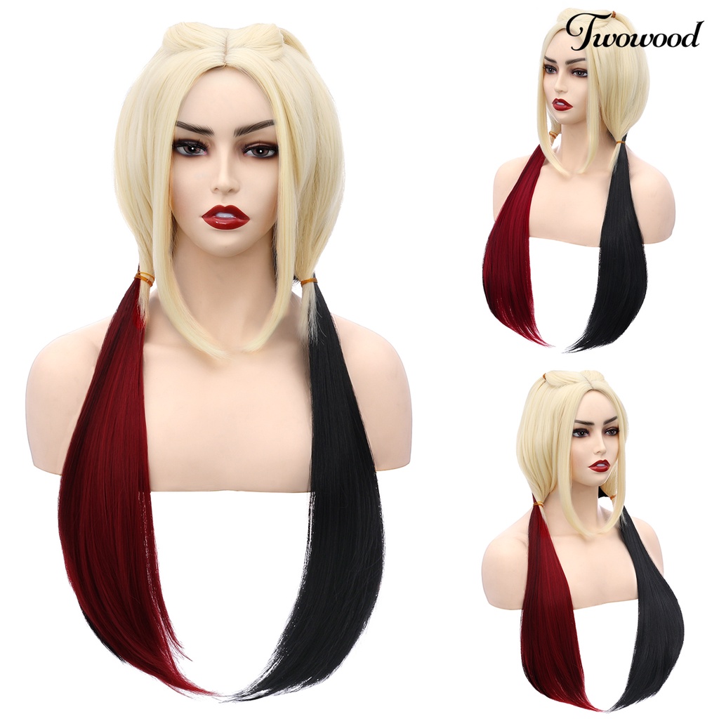 Twowood Cosplay Wig Halus Hitam Merah Putih Lembut Tahan Panas Kostum Rambut Sintetis Lurus Panjang Untuk Pesta Bertema