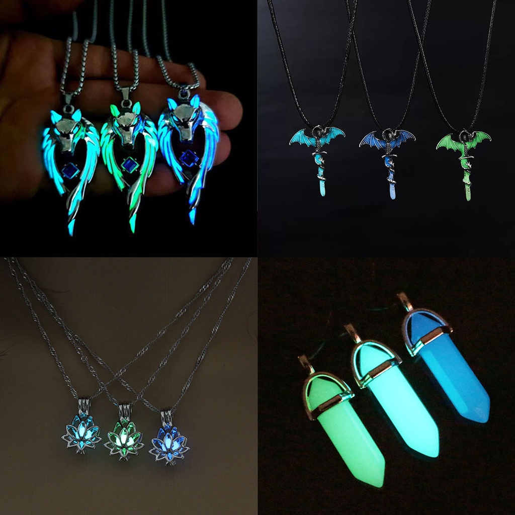 Unik Pola Serigala Naga Terbang Buddhisme Teratai Bercahaya Liontin Kalung Untuk Pria Gemetry Fluorescence Necklaces Jewelry