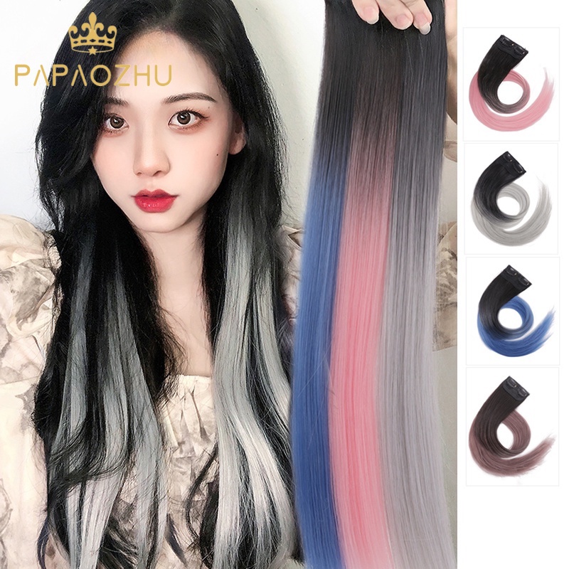 Papaozhu 1PC 50cm Warna Gradien Tahan Panas Rambut Lurus Ekstensi Wig Untuk Wanita Gadis Rambut Styling Aksesoris