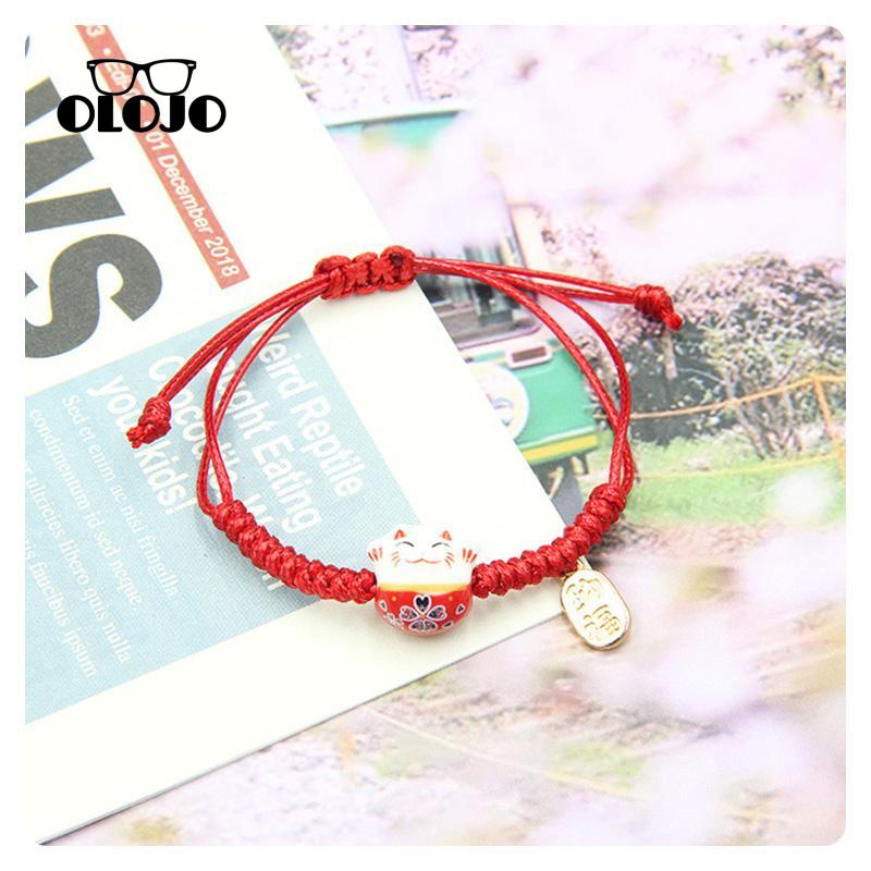 [Olojogrosirtenunan Tangan Benang Lilin Keramik Fortune Cat Gelang Desain Sense Lovers Bracelet