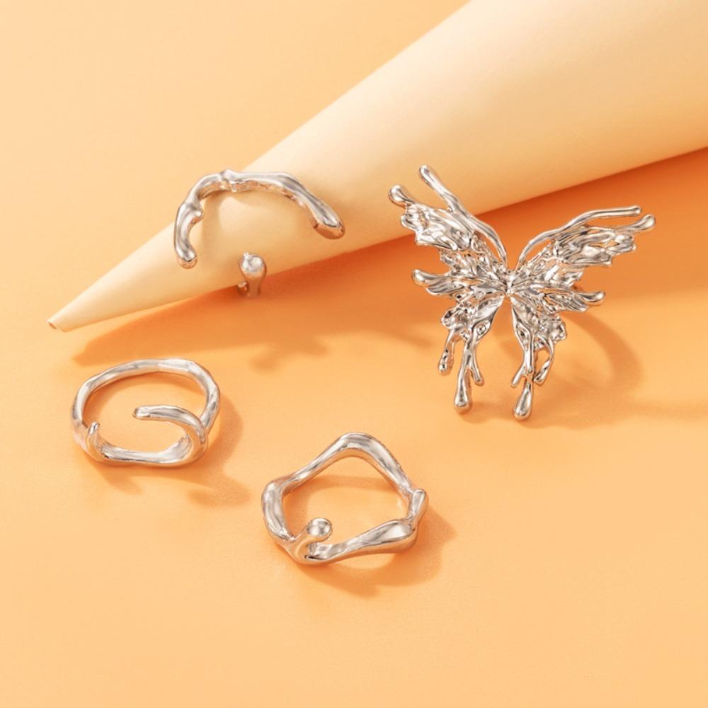 Mxbeauty Liquid Butterfly Rings Hadiah Ulang Tahun 4 Pcs/set Punk Senior Rasa Gothic Perhiasan Kepribadian Gelombang Tidak Teratur Rings