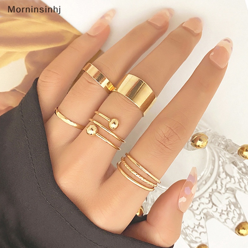 Mornin 5Pcs /Set Punk Metal Geometric Ring Set Untuk Wanita Vintage Minimalis Metal Wide Knuckle Ring Finger Perhiasan Hadiah id