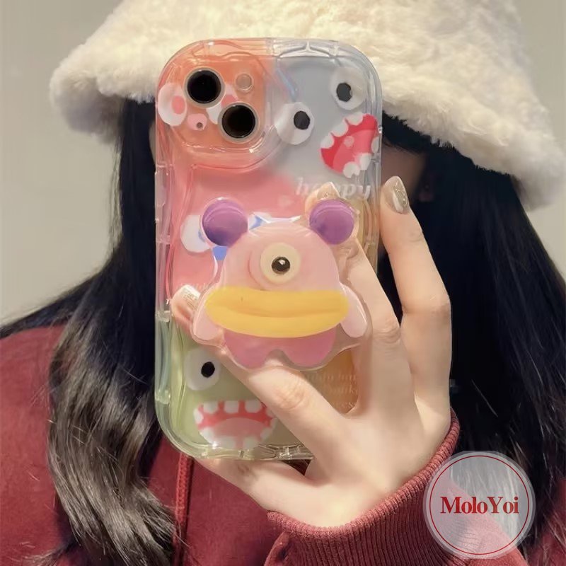 IPHONE Kartun Lucu Warna Monster Kecil Stand Bracket Case Kompatibel Untuk Iphone11 13 14 12 Pro Max 7Plus XR XS X Max7 8 6s 6 Plus Se2020 3D Wavy Curved Edge Soft Case