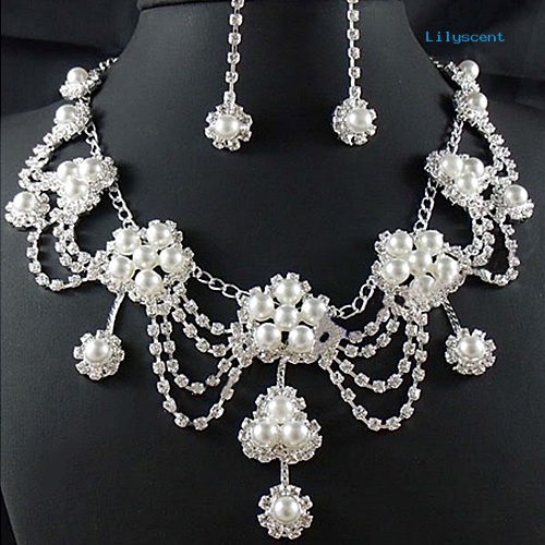 [LS] Wanita Mewah Berlian Imitasi Mutiara Imitasi Kalung Anting Pernikahan Bridal Perhiasan Set