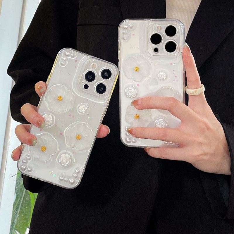 Camellia Flower Pearl Soft TPU Case HP iP iPhone 14 13 12 11 Pro X XS XR Max 7 8 + Plus SE 2020 2022 Drop Glue FTD Casing Apple