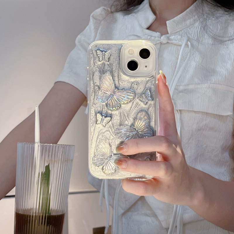 Silver Grey Pigment Butterfly Soft TPU Case HP iP iPhone 14 13 12 11 Pro X XS XR Max 7 8 + Plus SE 2020 2022 Drop Glue FTD Casing Apple