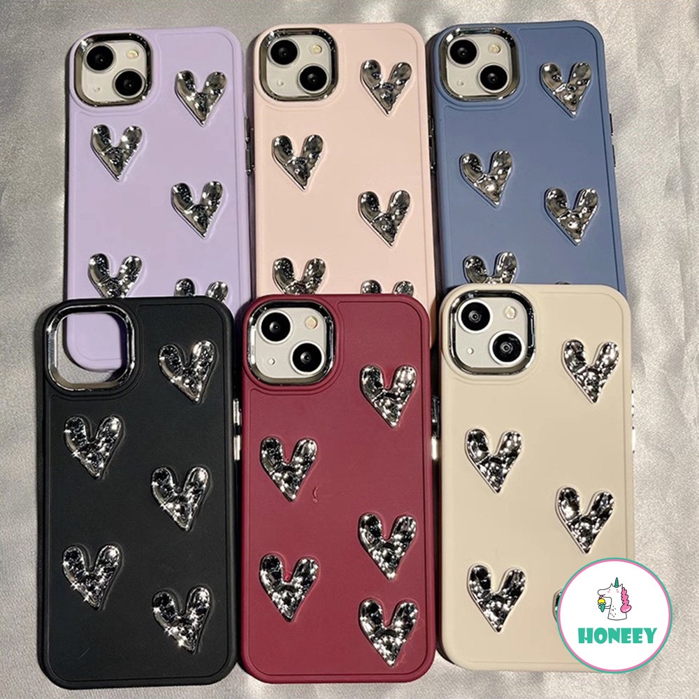 IPHONE Casing Ponsel Cinta Hati Perak Berlapis 3D Mewah Kompatibel Untuk Iphone14 13 12 11 Pro Max XS XR 7Plus 8Plus Lembut Shockproof Shell