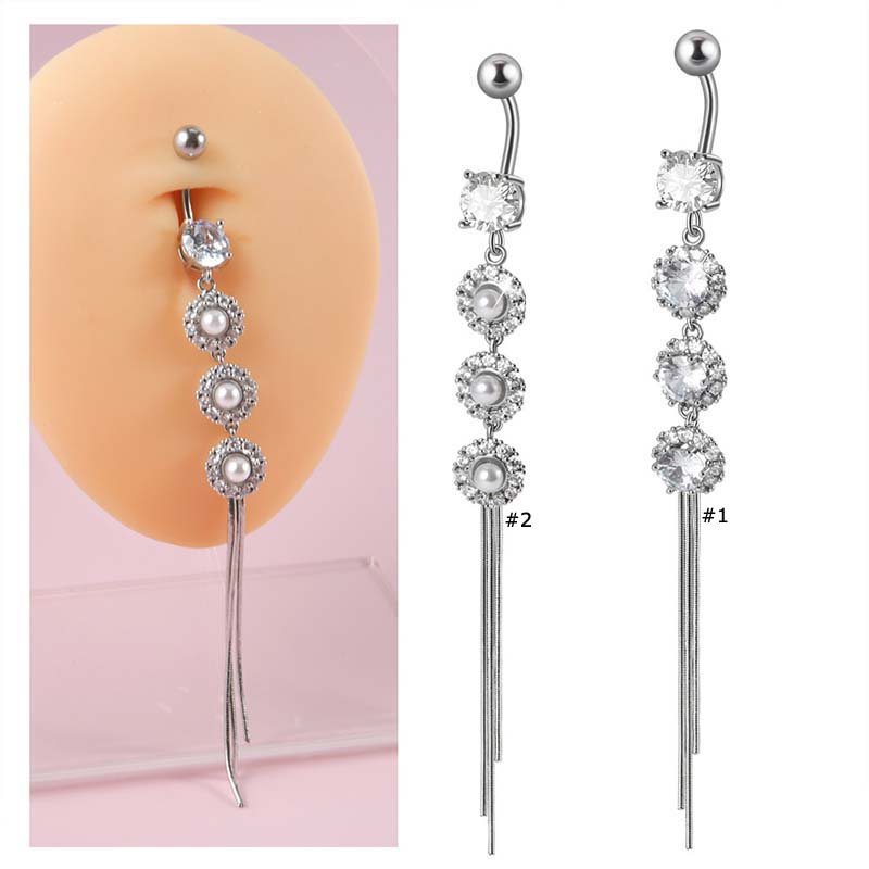 1biji Stainless Steel Panjang Rumbai Pusar Berbentuk Cakar Zirkon Mutiara Imitasi Pusar Cincin Panjang Pusar Dekorasi