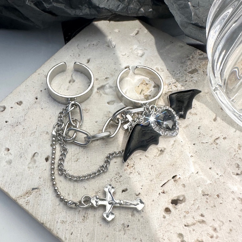Trendy Punk Y2K Devil Bat Wing Cross Rings Gothic Gelap Gaya Wanita Gadis Logam Rantai Dua Jari Pembukaan Yang Dapat Disesuaikan Cincin Perhiasan