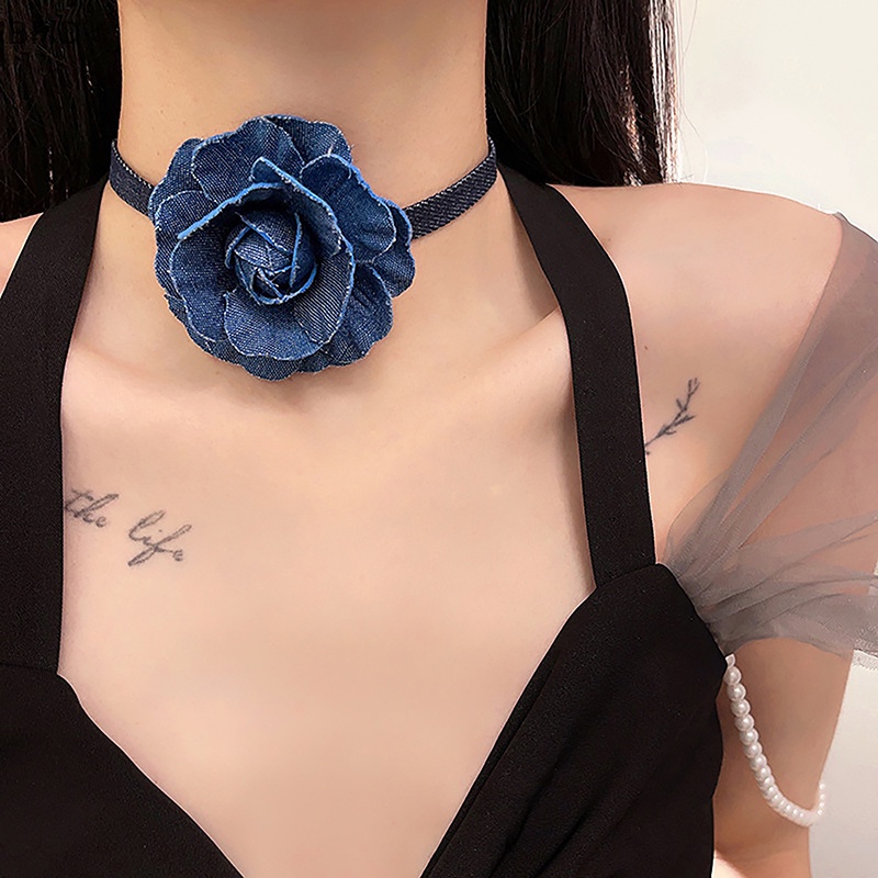 [BFID] 1pc Vintage Blue Jean Multi Layers Flower Chokers Necklaces Untuk Wanita Femme Cloth Chunky Necklace Perhiasan Kasual Pernikahan [ID]