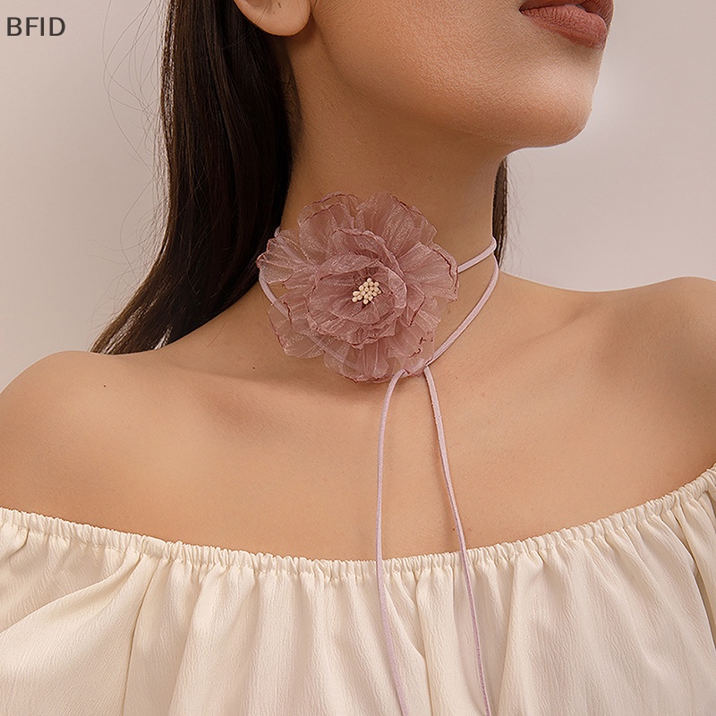 [BFID] Kalung Choker Bunga Renda Wanita Trendy Elegan Rantai Tali Panjang Lace-up [ID]