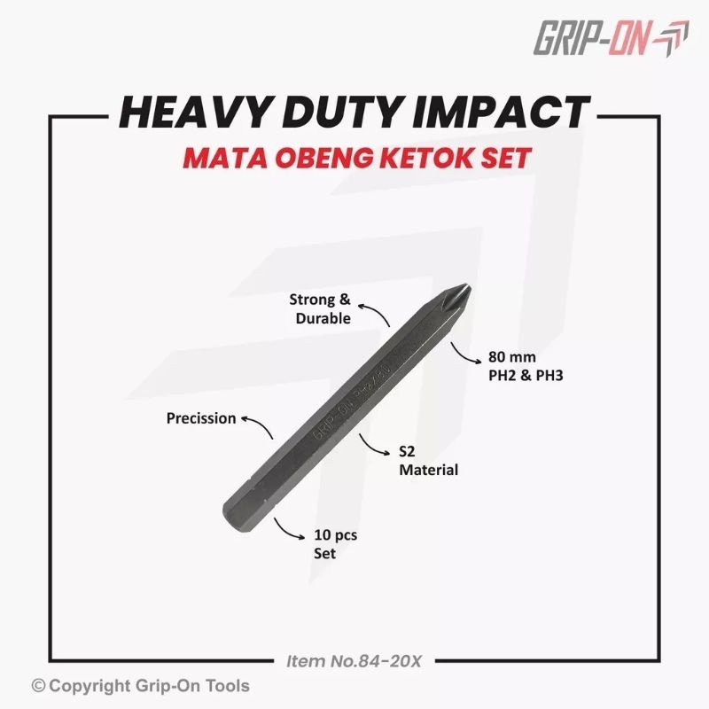 Grip-on Mata Obeng Ketok PH2 Heavy Duty Impact Driver Bit Plus + PH2 S2 80 x 8 mm