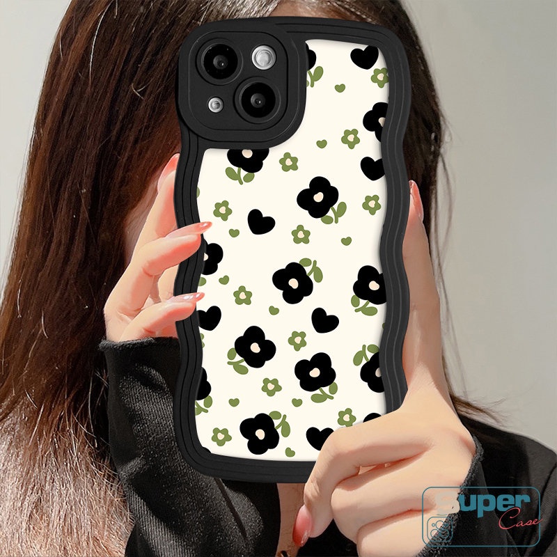 Casing Ponsel Silikon Motif Bunga Segar Retro Kompatibel Untuk iPhone 7Plus 8Plus 11 13 XR 14 12 Pro Max 6s 7 6 8 14 Plus XS Max X SE 2020lembut TPU Hitam Hijau Bunga Bergelombang Penutup Tepi