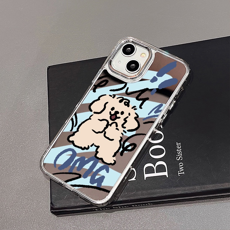 IPHONE Kartun Anjing Lucu Cermin Ponsel Case Kompatibel Untuk Iphone11 12 13 14 12Pro 13Pro 14Pro Pro Max XR X XS Max Electroplating Tombol Perlindungan Mirror Cover