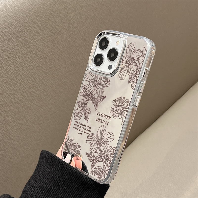 IPHONE Line Flower Design Mirror Phone Case Kompatibel Untuk Iphone11 12 13 14 12Pro 13Pro 14Pro Pro Max XR X XS Max Electroplating Tombol Perlindungan Mirror Cover