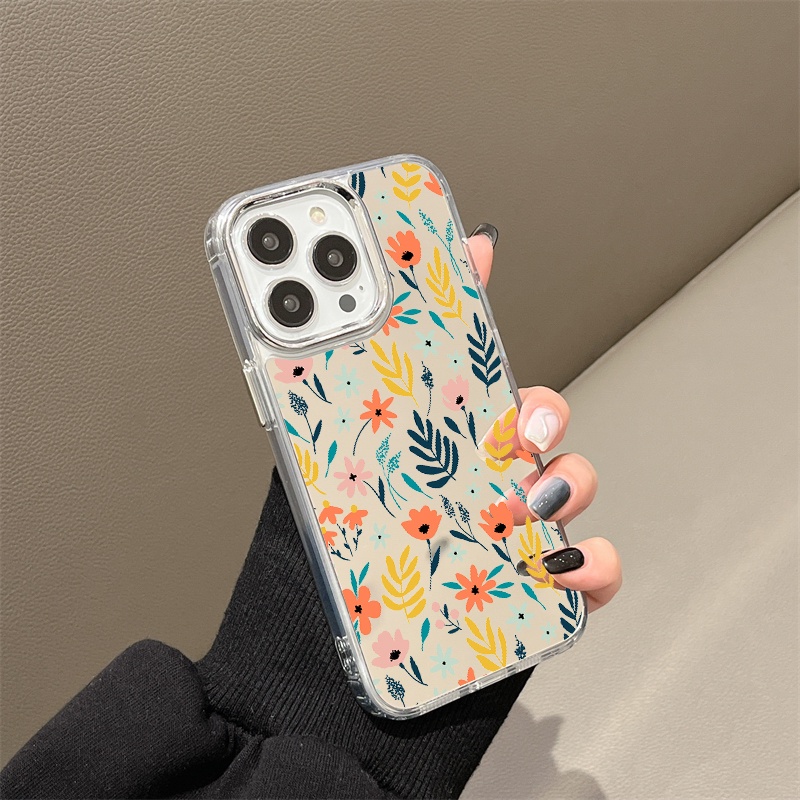 IPHONE Lukisan Bunga Dan Daun Cermin Ponsel Case Kompatibel Untuk Iphone11 12 13 14 12Pro 13Pro 14Pro Pro Max XR X XS Max Electroplating Tombol Perlindungan Mirror Cover