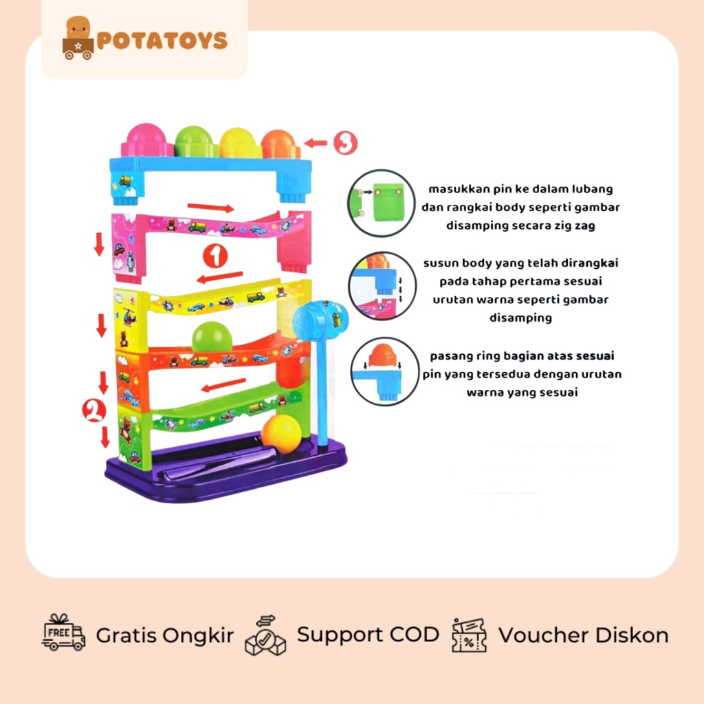 [ Potatoys ] Pound A Ball / Mainan Anak Pukul Bola / Montessori Seluncuran Bola Palu Bertingkat Warna Warni