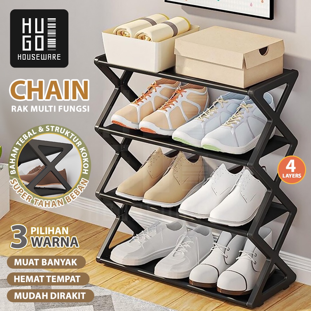 HUGO Rak Sepatu Portable 4 Susun Tempat Sepatu Sandal Serbaguna Minimalis Stainless Steel Kokoh