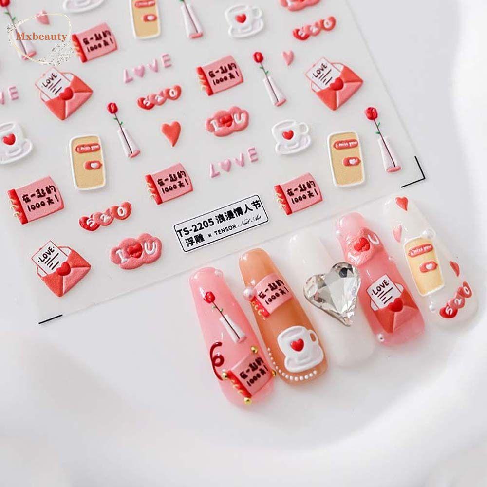 MXBEAUTY Bunga Stiker Kuku Fashion Perekat Diri Daun Cinta Hati Pink Huruf Dekorasi Nail Art