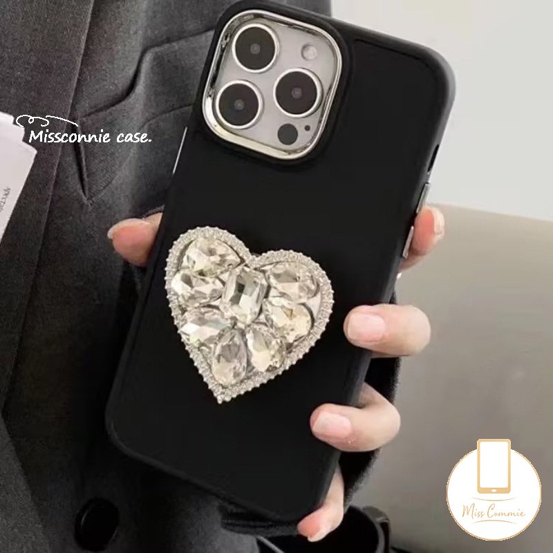 IPHONE Casing Ponsel Bingkai Lensa Logam Plating Mewah Kompatibel Untuk Iphone11 14 13 12 Pro MAX 7plus X XR 78 Plus XS MAX Simple Warna Macaron Soft Cover Dengan Braket Cinta Hati Berlian