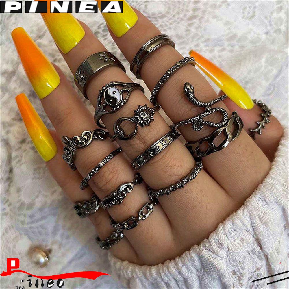 PINEAPPLE 16pcs /Set Cincin Set Wanita 16Pcs /Set Rock Punk Hip Hop Vintage Aksesoris Tangan